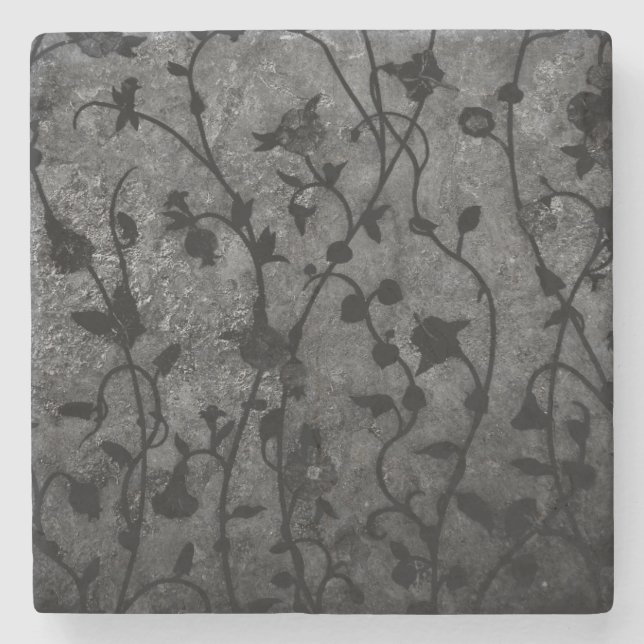 Black and White Gothic Antique Floral Stone Coaster (Front)