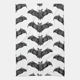 Black and White Gothic Bat Pattern Tea Towel