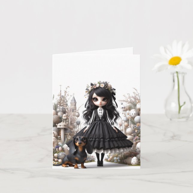 Black and White Gothic Dachshund Thank you Card (Small Plant)