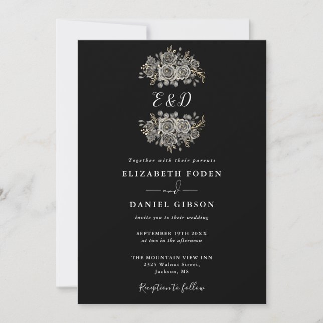 Black And White Gothic Floral Monogram Wedding Invitation (Front)