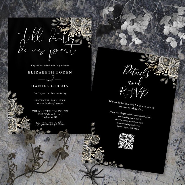 Black And White Gothic Floral QR Code Wedding Invitation (Black And White Gothic Floral QR Code Wedding Invitation)