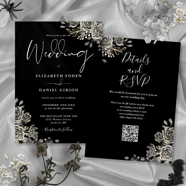 Black And White Gothic Floral QR Code Wedding Invitation (Black And White Gothic Floral QR Code Wedding Invitation)