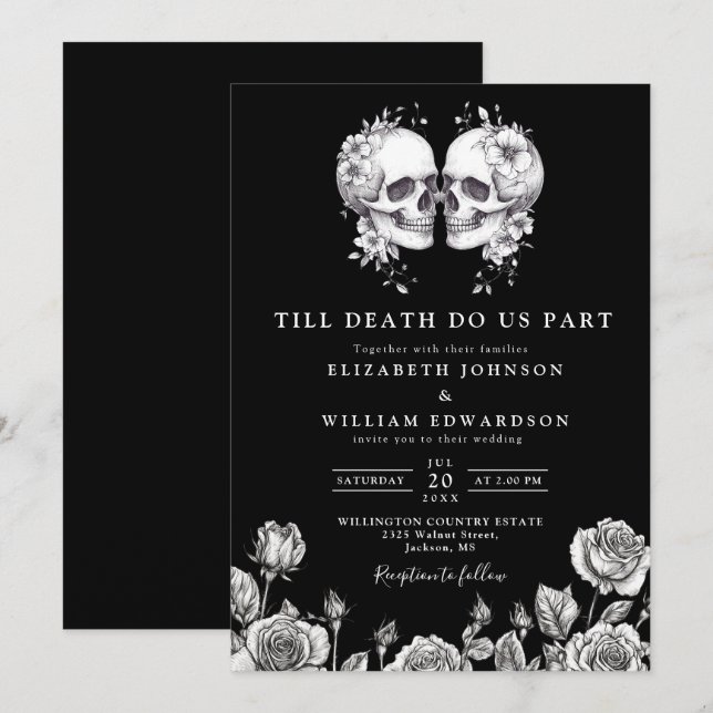 Black And White Gothic Floral Skulls Wedding Invitation (Front/Back)