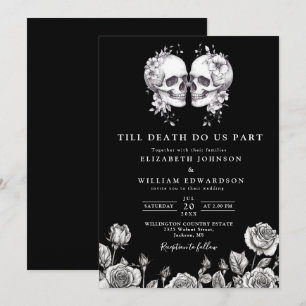 Black And White Gothic Floral Skulls Wedding Invitation