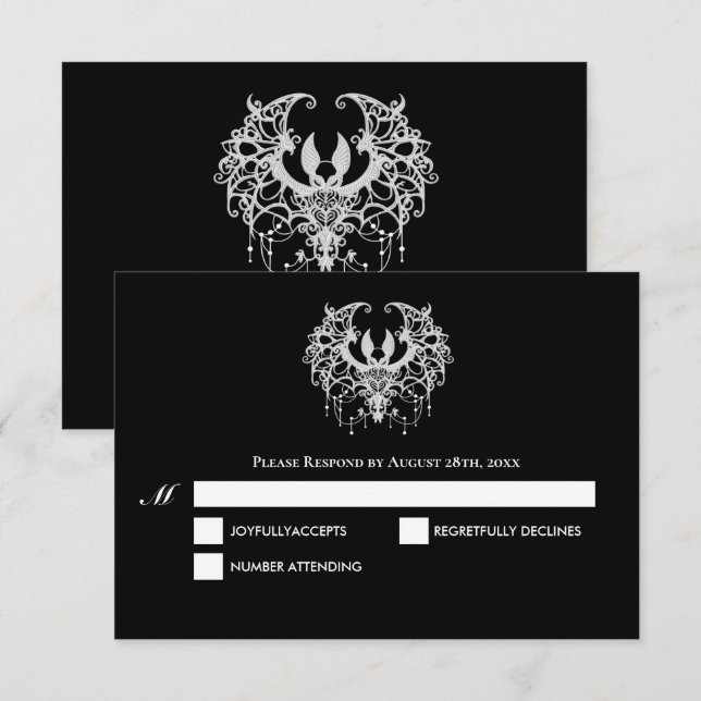 Black and white Gothic Halloween Wedding RSVP Card (Front/Back)