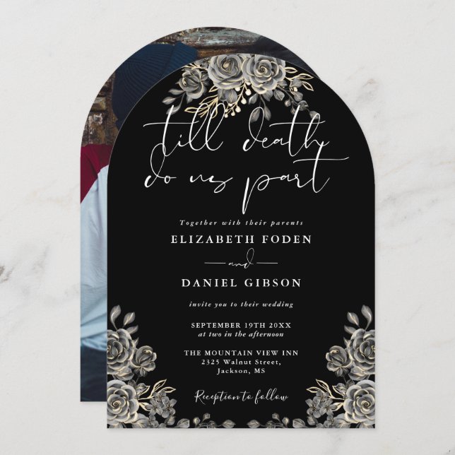 Black And White Gothic Roses Floral Photo Wedding Invitation (Front/Back)