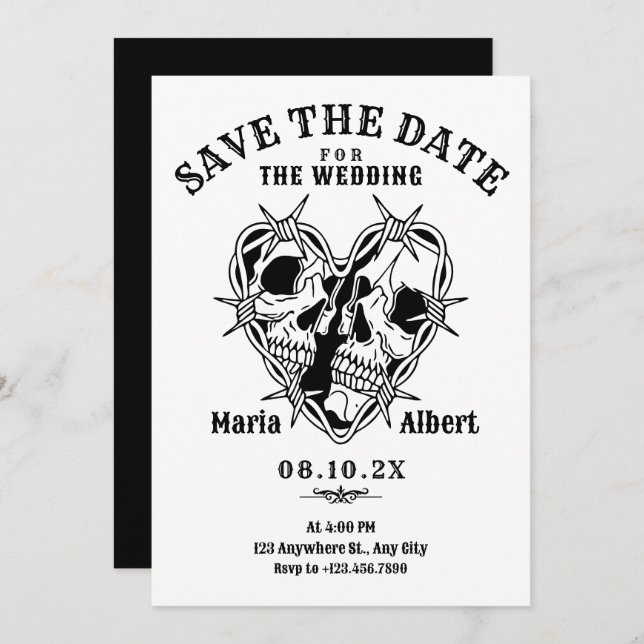 Black and white gothic skull couple wedding save the date (Front/Back)