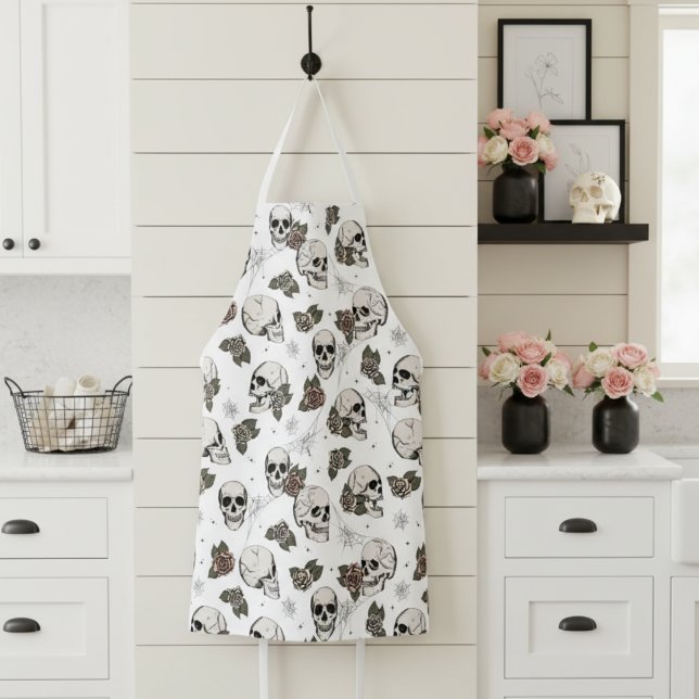 Black and White Gothic Skulls and Roses Floral Apron (Gothic Chic Skulls & Roses Apron For Her. Elegant Halloween Floral Skull Pattern for Baking, Cooking)