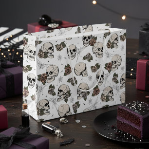 Black and White Gothic Skulls and Roses Halloween Large Gift Bag