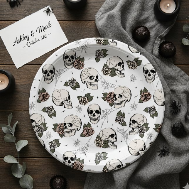 Black and White Gothic Skulls and Roses Halloween Paper Plate (Elegant Floral Skulls Halloween Bridal Shower Paper Plates in White. Chic Skull, Roses, Webs Pattern)