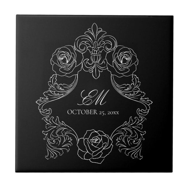 Black And White Gothic Wedding Monogram Tile (Front)