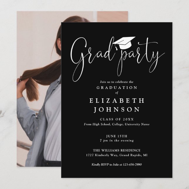 Black And White Grad Party Photo Graduation  Invitation (Front/Back)