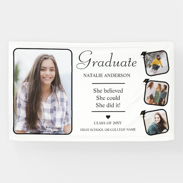 Black and White Graduate Photo Graduation Banner (Horizontal)