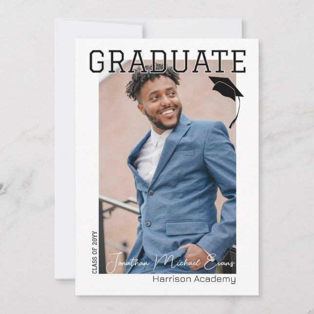  Black and White Graduate Vertical Portrait Photo Invitation (Front)