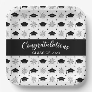 Black and White Graduation Cap Pattern Paper Plate