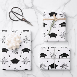 Black and White Graduation Cap Pattern Wrapping Paper Sheet