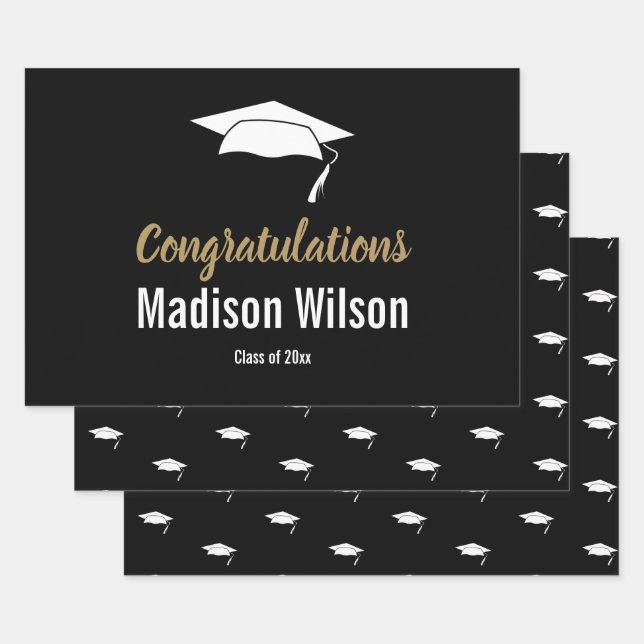 Black and White Graduation Congratulations Wrapping Paper Sheet (Set)