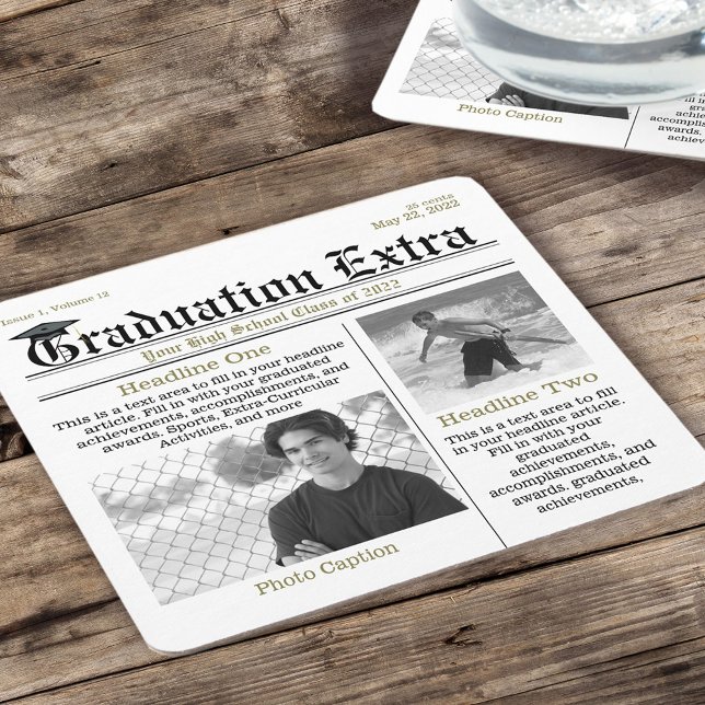 Black and White Graduation Newspaper Photo Square Paper Coaster (Creator Uploaded)