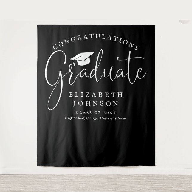 Black And White Graduation Party Photo Backdrop Tapestry (Front)
