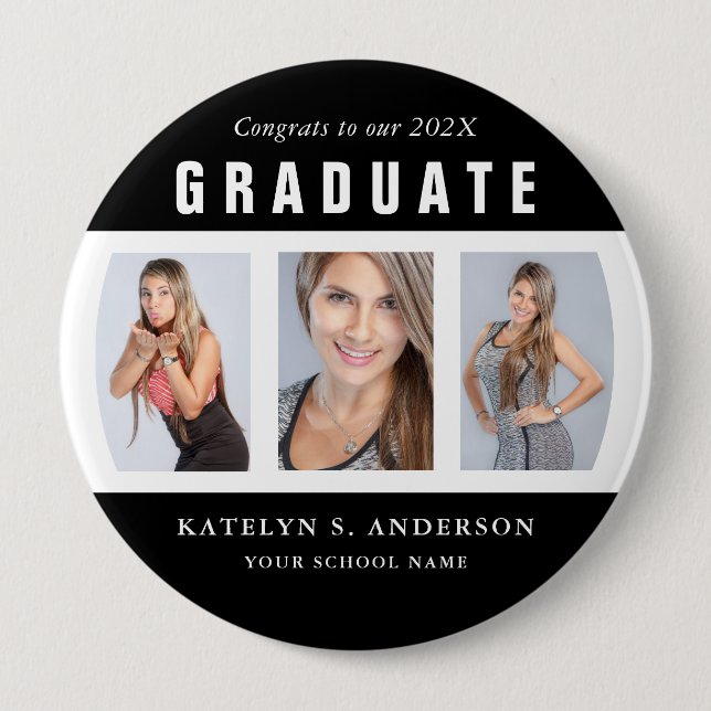 Black and White Graduation Photo Collage Custom Bu 10 Cm Round Badge (Front)