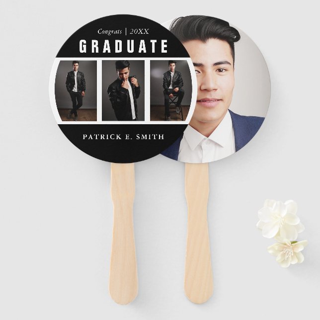 Black and White Graduation Photo Collage Hand Fan (Front and Back)