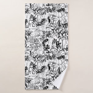Black and White Graffiti Abstract Collage Bath Towel