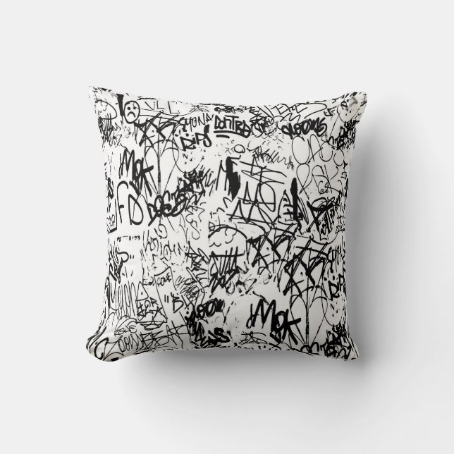 Black and White Graffiti Abstract Collage Cushion (Front)