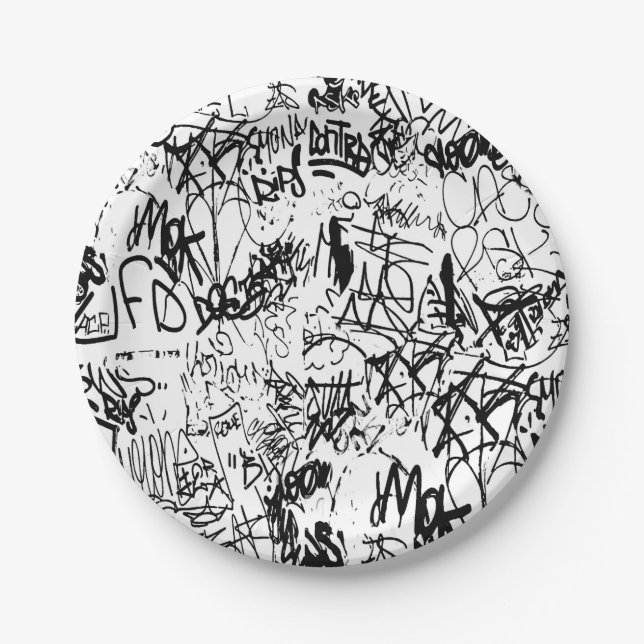 Black and White Graffiti Abstract Collage Paper Plate (Front)