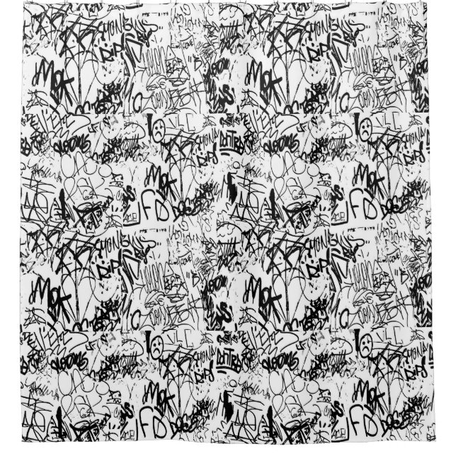 Black and White Graffiti Abstract Collage Shower Curtain (Front)