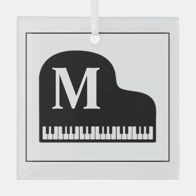 Black and White Grand Piano Monogram Pianist  Glass Tree Decoration (Front)