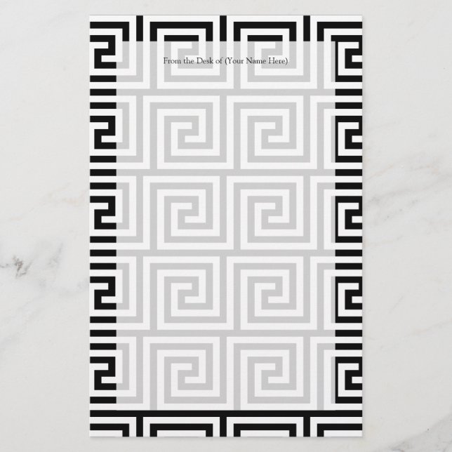 Black and White Graphic Greek Key Pattern Stationery (Front)