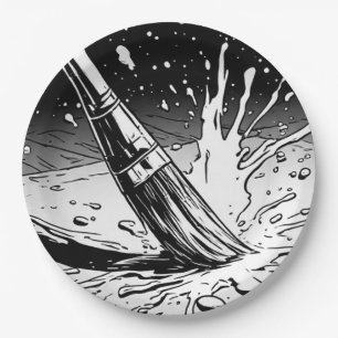 Black and White Graphic Style Brush Paint Splotch Paper Plate