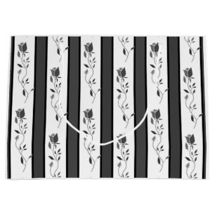 Black and white gray vintage striped with roses  large gift bag