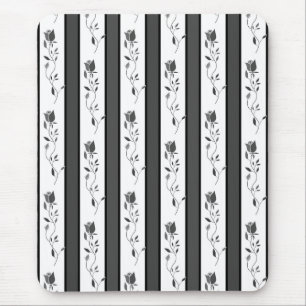Black and white gray vintage striped with roses mouse pad