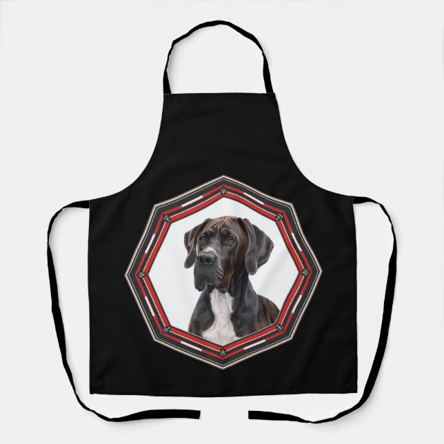 Black And White Great Dane In A Red Frame Apron (Front)