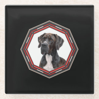 Black And White Great Dane In A Red Frame Glass Coaster