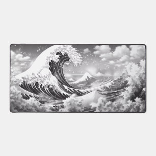  black and white great wave off kanagaw large  desk mat