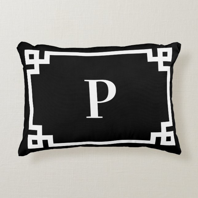 Black and White Greek Key Border Monogram Decorative Cushion (Front)