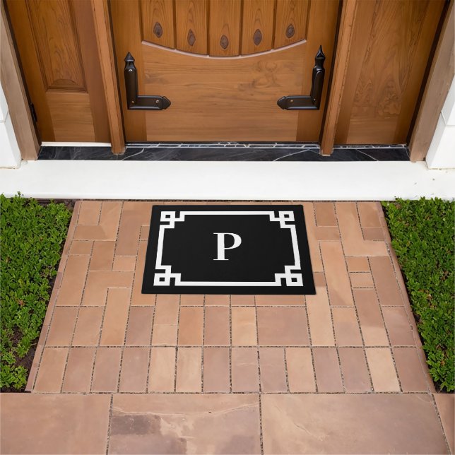 Black and White Greek Key Border Monogram Doormat (Outdoor)