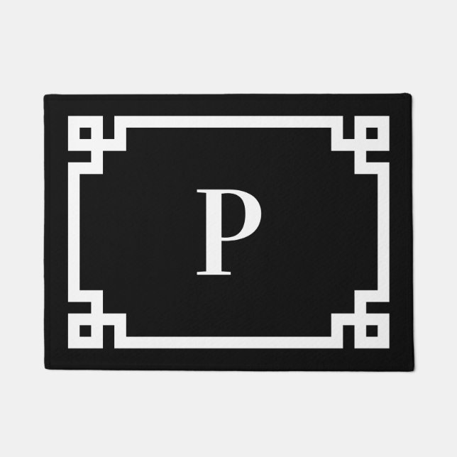Black and White Greek Key Border Monogram Doormat (Front)