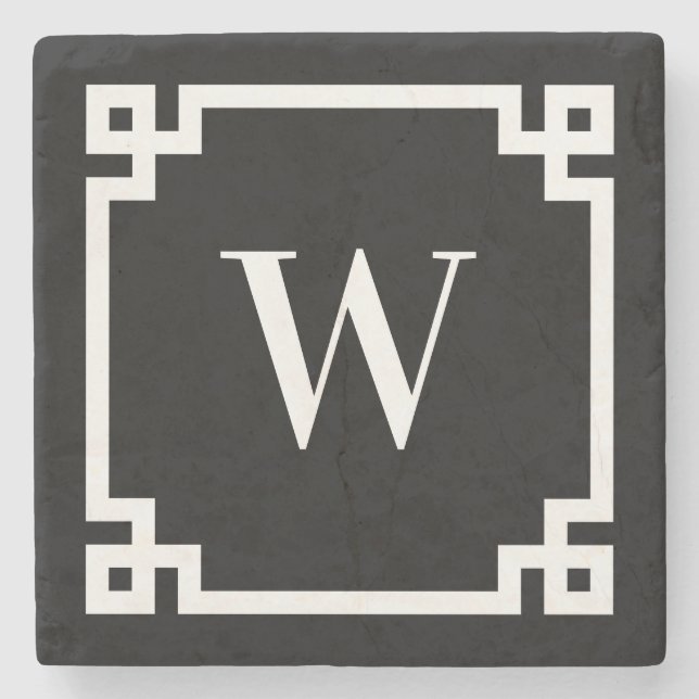 Black and White Greek Key Border Monogram Stone Coaster (Front)