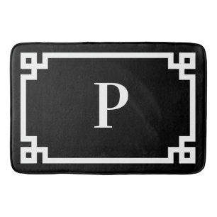 Black and White Greek Key Frame Monogram Large Bath Mat