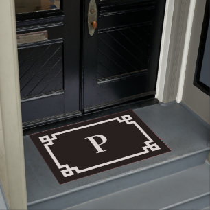 Black and White Greek Key Frame Single Monogram Doormat