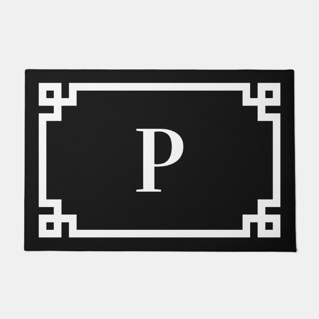 Black and White Greek Key Frame Single Monogram Doormat (Front)