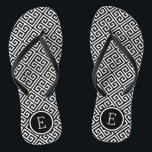 Black and White Greek Key Monogram Jandals<br><div class="desc">Custom printed flip flop sandals with a stylish modern Greek key pattern and your custom monogram or other text in a circle frame. Click Customise It to change text fonts and colours or add your own images to create a unique one of a kind design!</div>