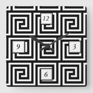 Black and White Greek Key Pattern Square Wall Clock