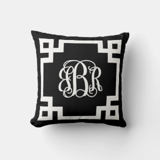 Black and White Greek Key Script Monogram Cushion