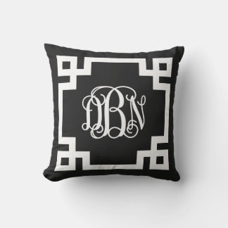 Black and White Greek Key Script Monogram DBN Outdoor Cushion