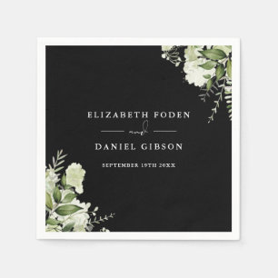 Black And White Greenery Floral Elegant Names Date Napkin