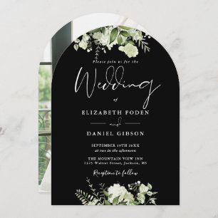 Black and White Greenery Floral Photo Wedding Arch Invitation